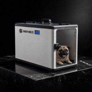 Brachy Breeze climate-controlled dog carrier with a pug inside